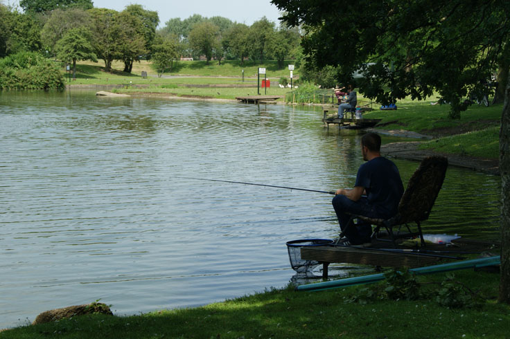 People fishing in a lake.